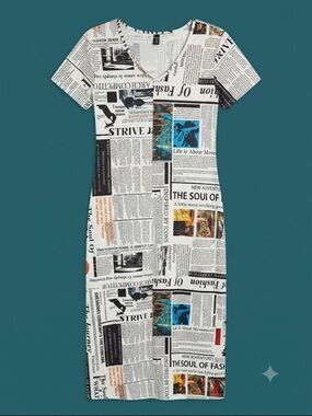 SHEIN White Black Newsprint Midi Dress with Color Accent